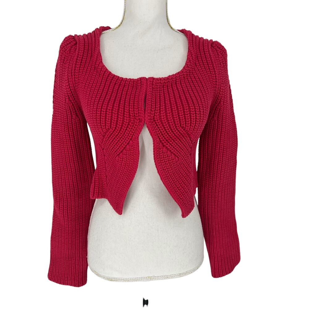Recto Red Knit Chunky Scoop-Neck Crop Cardigan - Picture 4 of 14